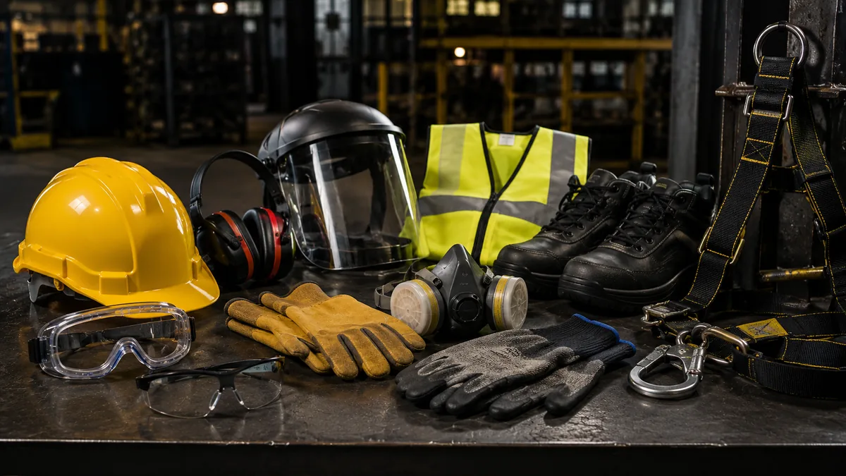 Industrial personal protective equipment including helmets, gloves, and safety vests at XShore UAE